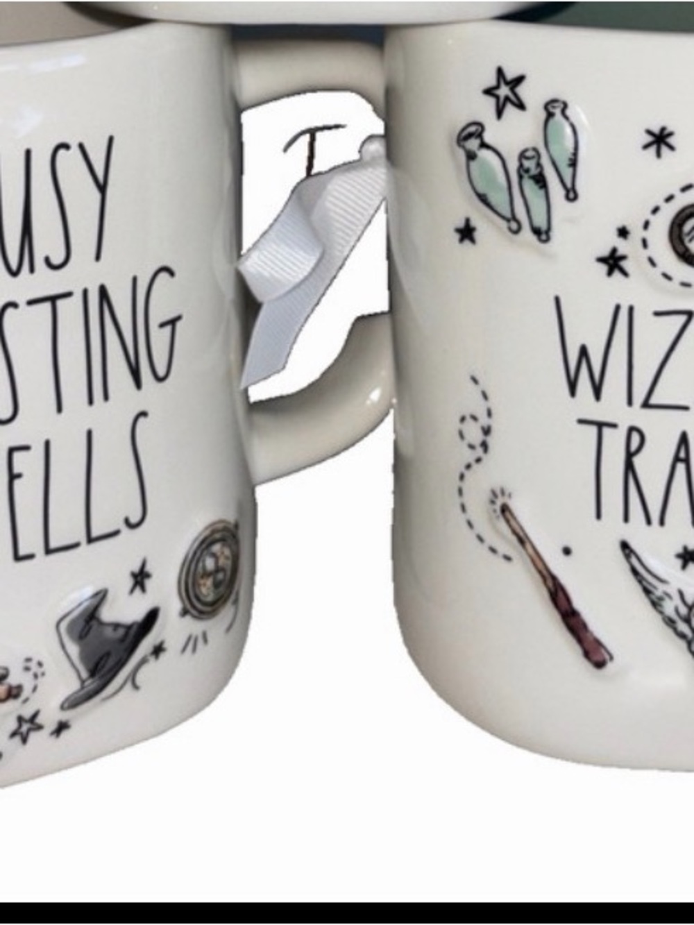 Rae Dunn White Ceramic Wizard Mugs with Green Accents